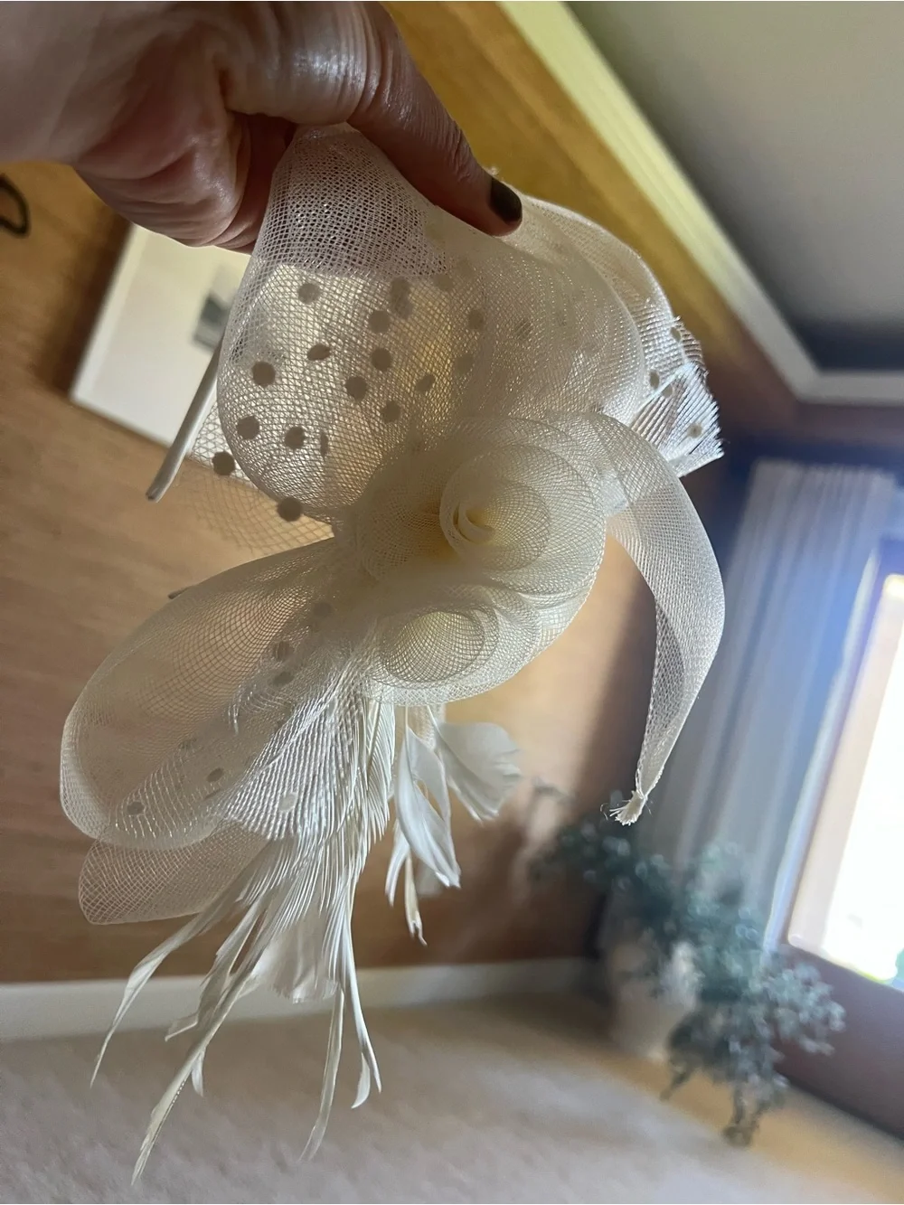 Fascinator Hat - Wavy Brim Mesh Fascinator feather quill headband